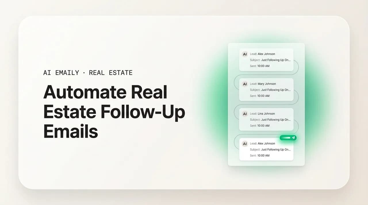 AI Emaily blog cover for automating real estate follow-up emails, showing scheduled follow-ups to leads