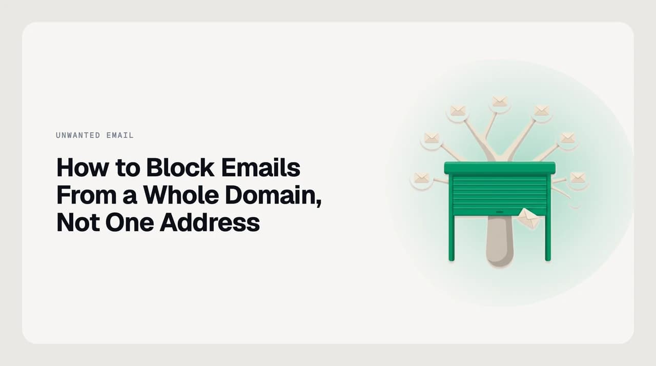 Domain-level email blocking in Gmail, Outlook, and Microsoft 365, showing the filter syntax and subdomain coverage differences for each provider