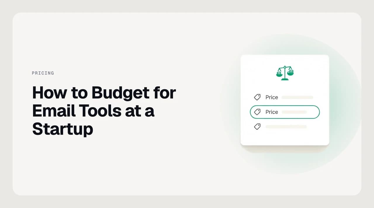 A founder sorting coins into labeled jars representing a staged budget for startup email tools, from free tier through paid workspace to an AI layer.