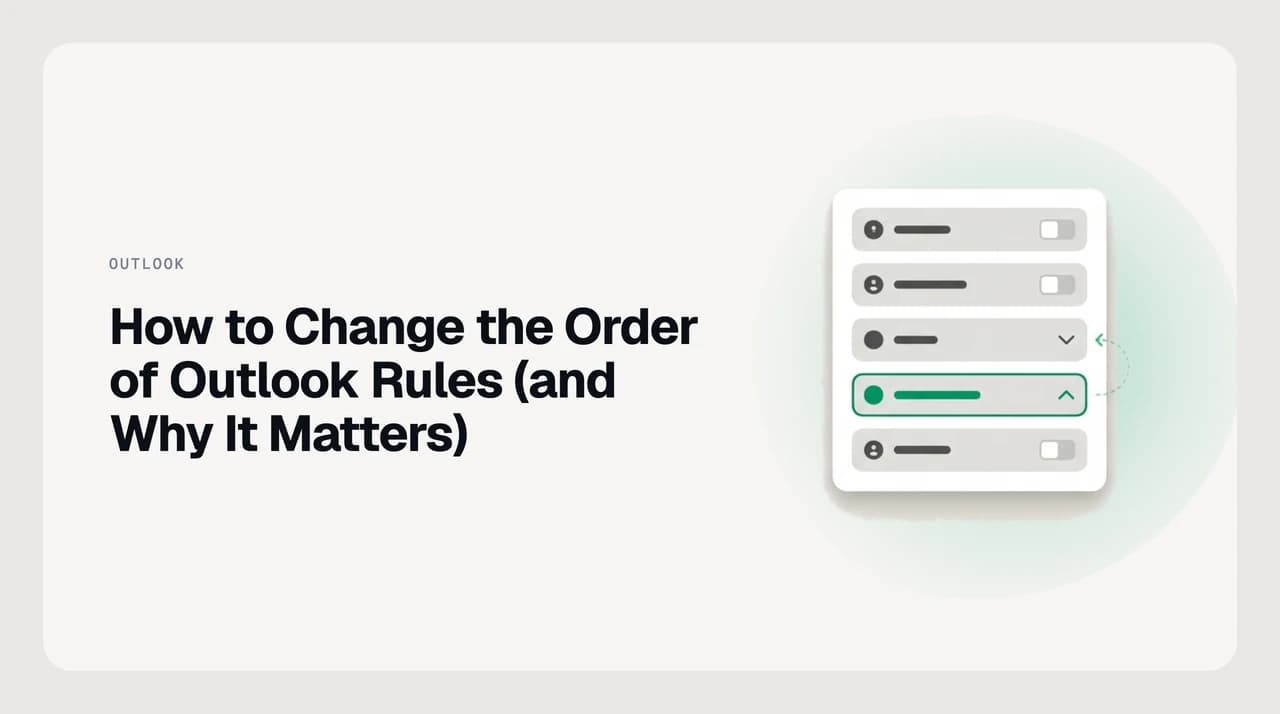 Outlook rules list showing the up and down arrow controls used to reorder rules so a specific rule runs before a broad catch-all