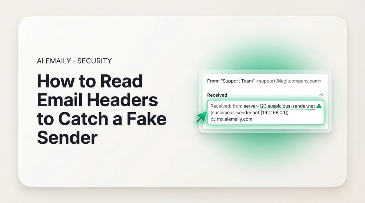 AI Emaily blog cover for how to check email headers, showing an email header revealing a fake sender