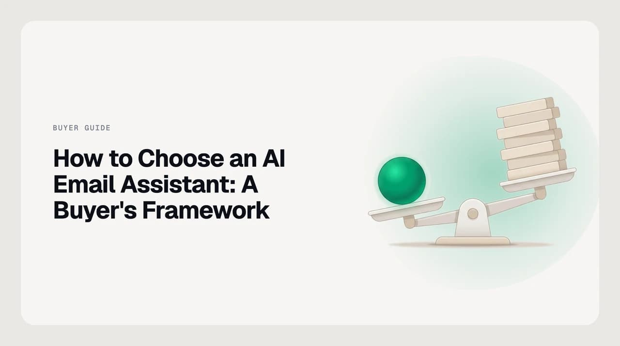 AI Emaily blog cover for how to choose an AI email assistant, showing a buyer's framework of evaluation criteria