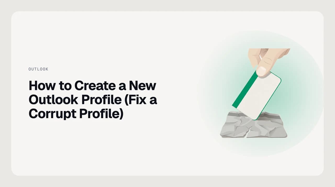 How to create a new Outlook profile: a stack of profile entries with one clean profile highlighted in green, replacing a corrupt one