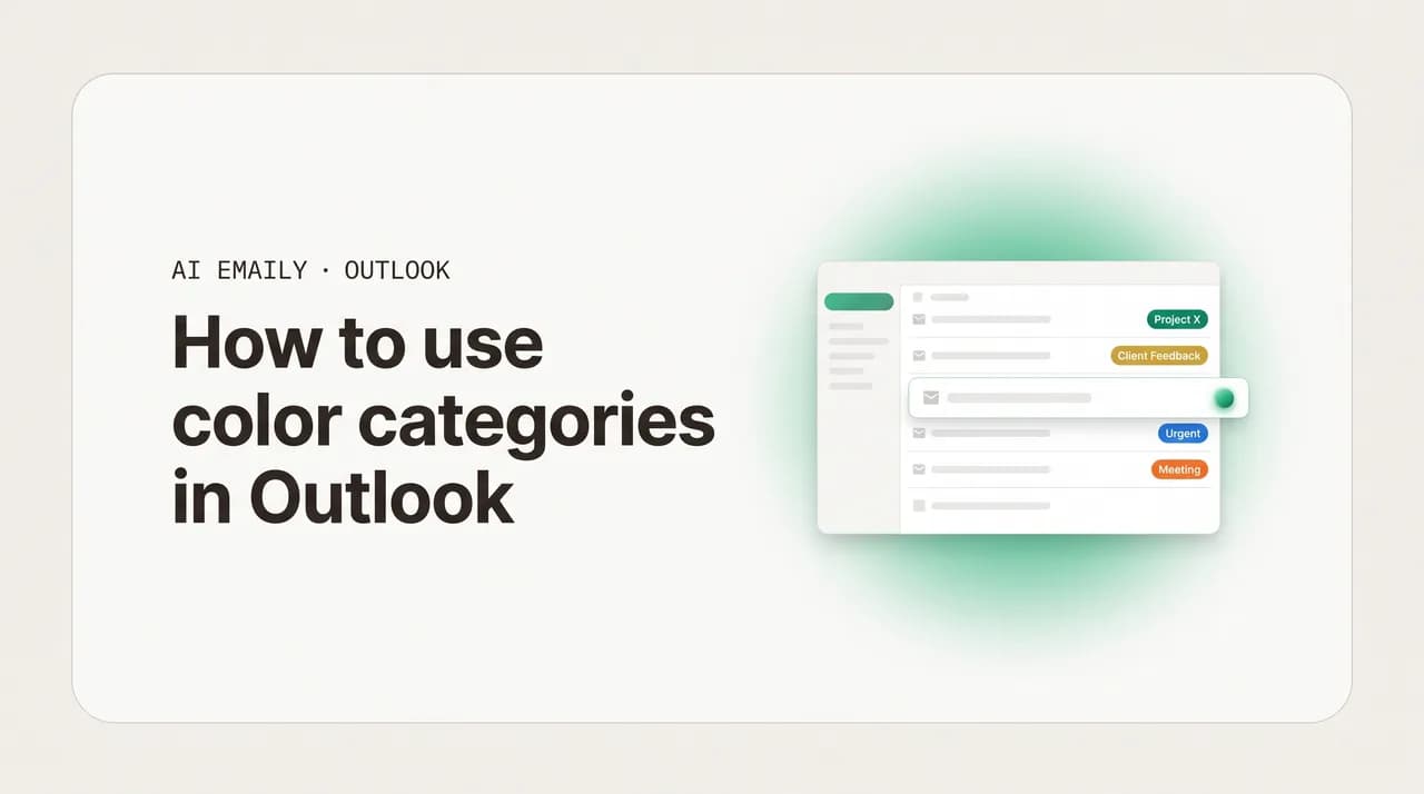 AI Emaily blog cover for how to create categories in Outlook, showing emails tagged with color categories