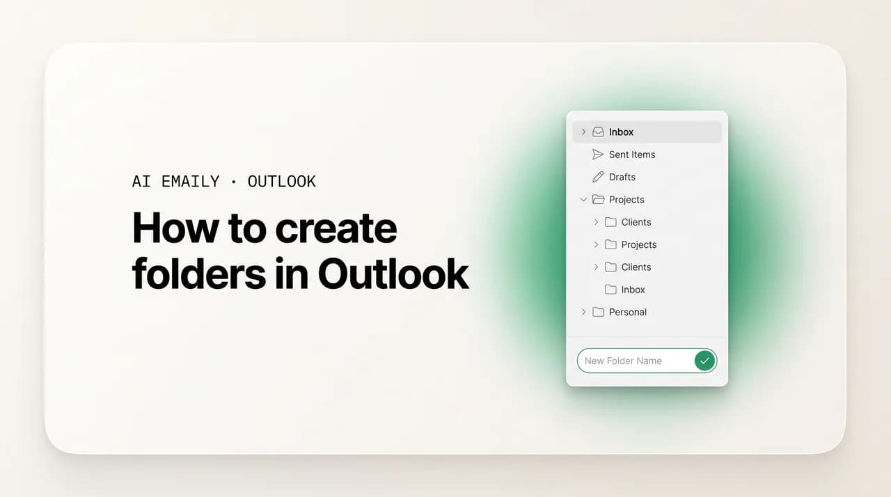 AI Emaily blog cover for how to create folders in Outlook, showing a sidebar folder tree