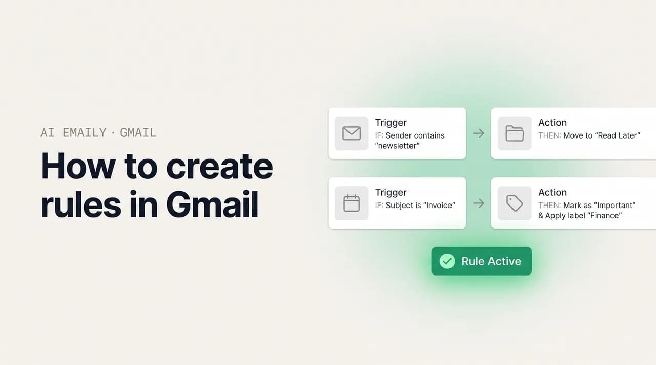 AI Emaily blog cover for how to create rules in Gmail, showing an inbox automation rule builder