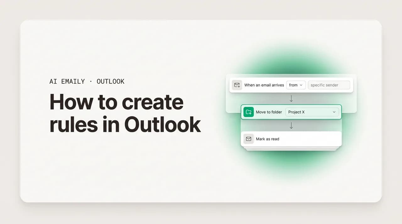 AI Emaily blog cover for how to create rules in Outlook, showing an inbox rule builder