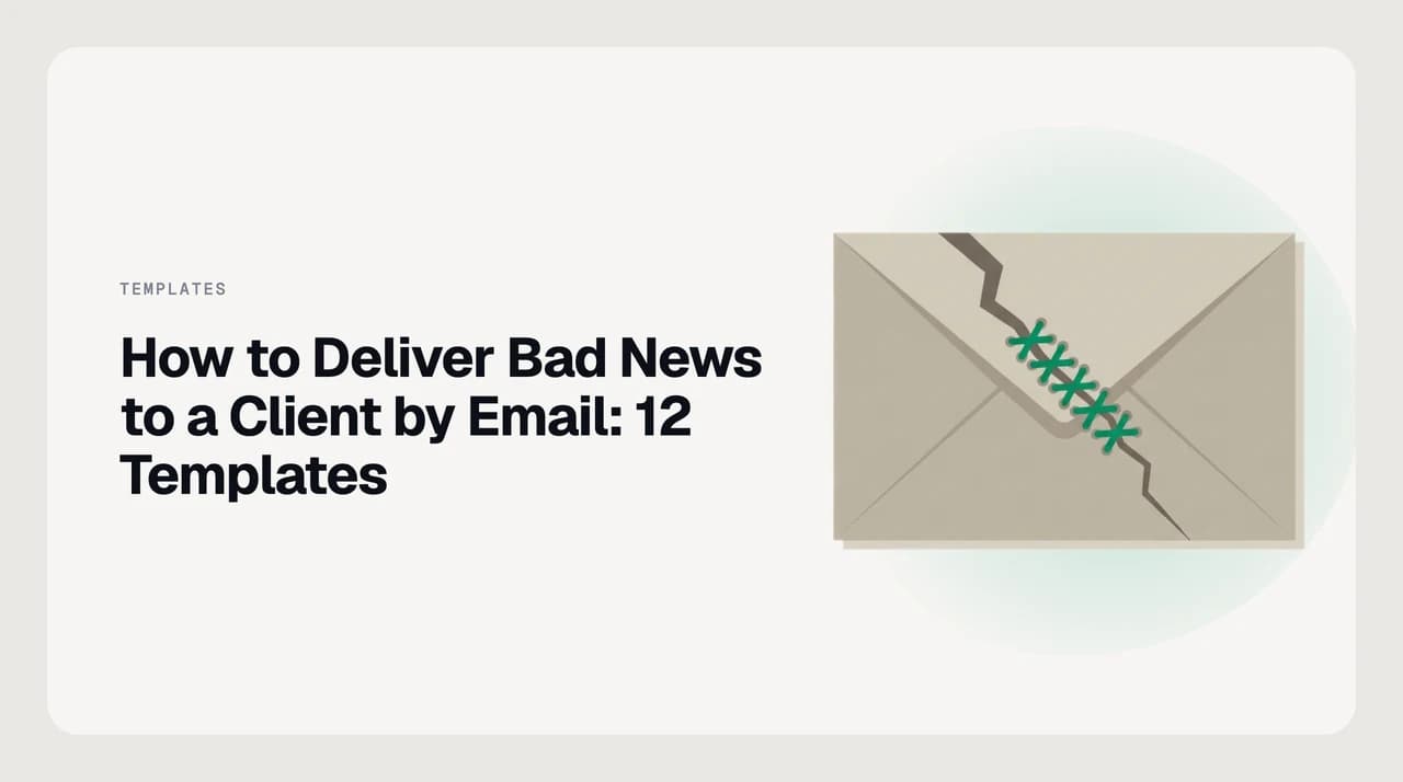 Illustration showing a structured bad-news email to a client with four clearly labelled sections: what happened, impact, options, and decision needed by — representing a clear framework for delivering difficult client news by email
