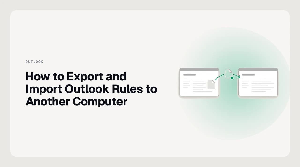 Diagram showing Outlook rules exported from one computer as a file and imported into Outlook on another computer