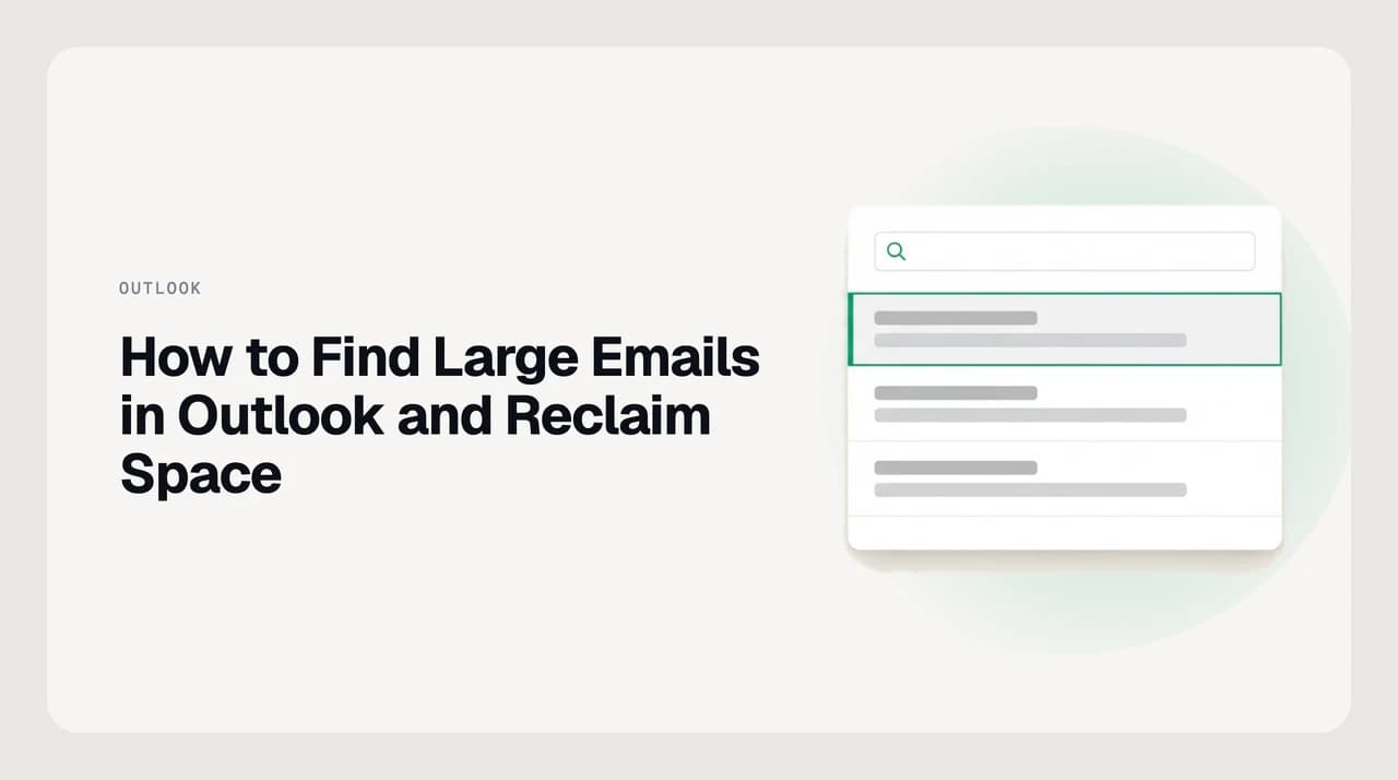 Illustration of how to find large emails in Outlook, showing messages sorted by size to reclaim mailbox space