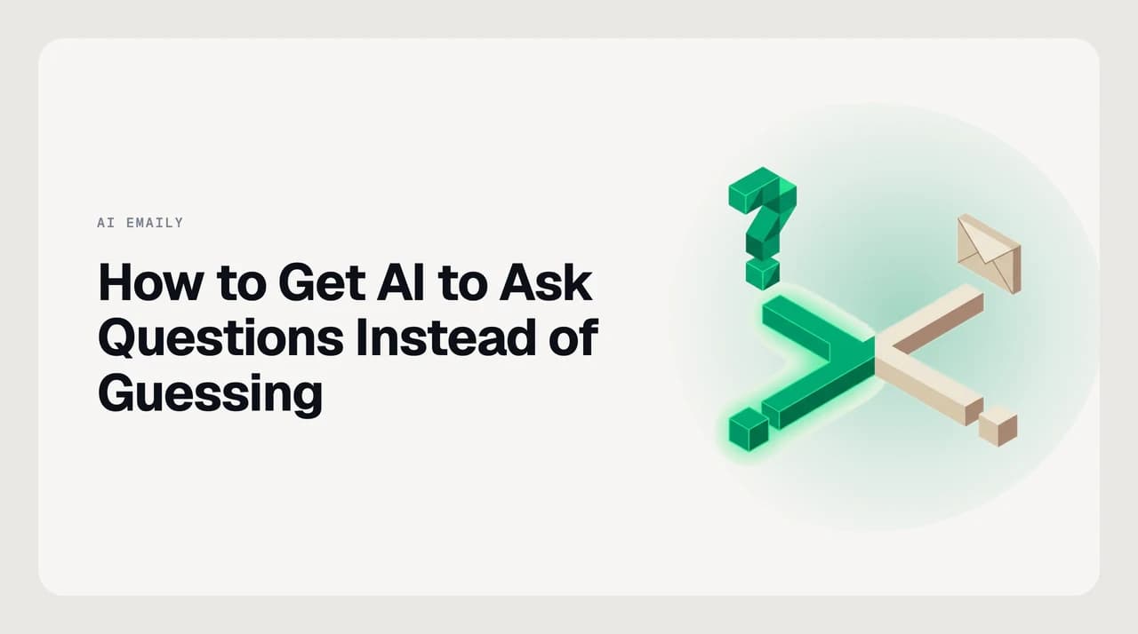 Diagram showing an AI pausing to ask five clarifying questions before drafting an email, with a draft and an assumptions list below