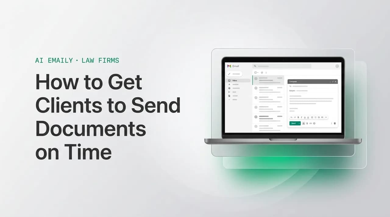 AI Emaily blog cover for how to get clients to send documents attorney, showing an AI email client on a laptop with the headline How to Get Clients to Send Documents on Time
