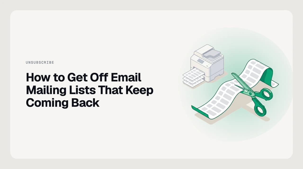 Inbox showing repeated emails from unfamiliar brands with an unsubscribe flow and preference centre overlay — illustrating how to get off email mailing lists permanently