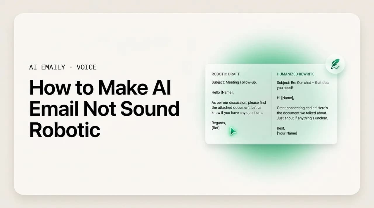 AI Emaily blog cover for how to make AI email not sound robotic, showing a robotic email rewritten to sound human