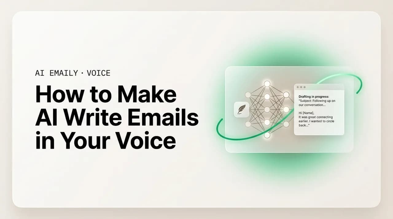 AI Emaily blog cover for how to make AI write in your voice, showing an AI drafting in a personal voice