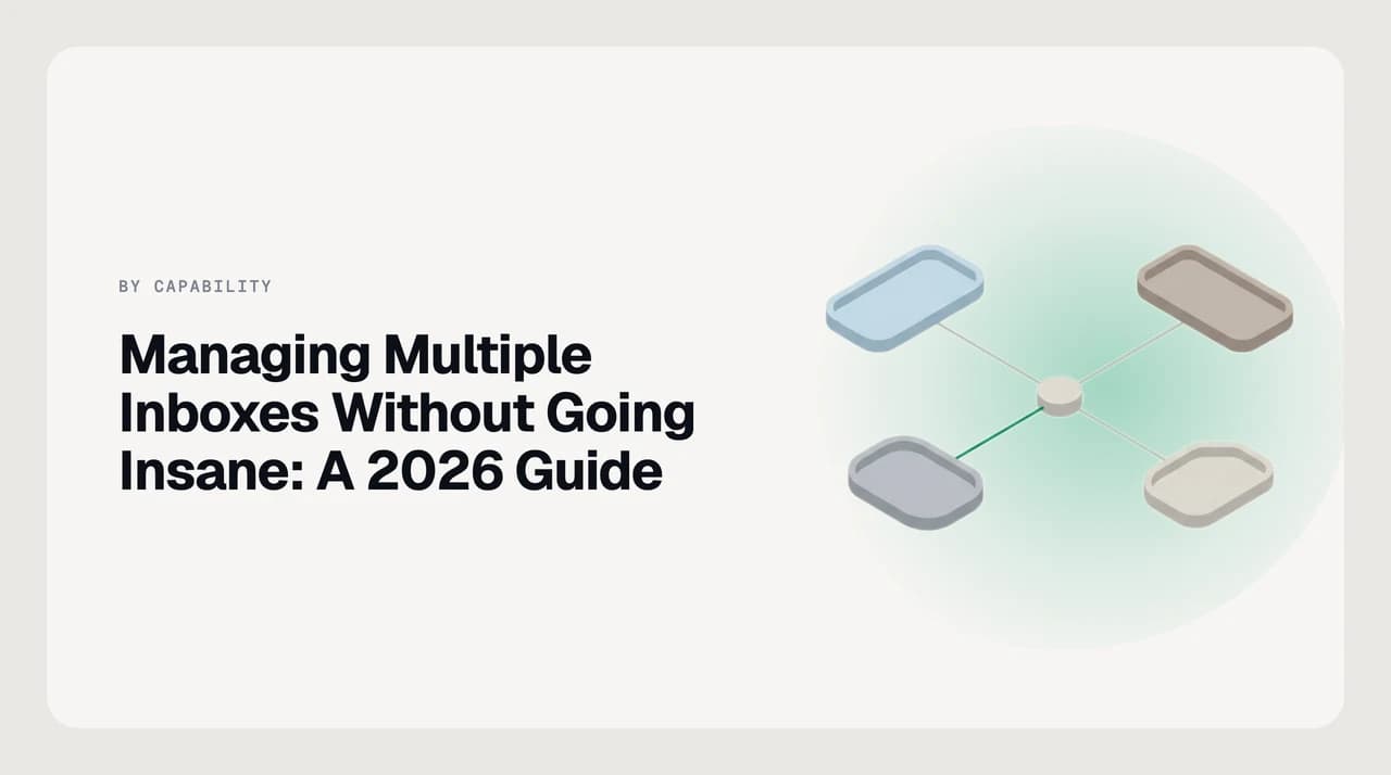 A unified inbox view showing multiple email accounts — Gmail, Outlook, and a custom domain — sorted by priority, illustrating how to manage multiple email inboxes in one place