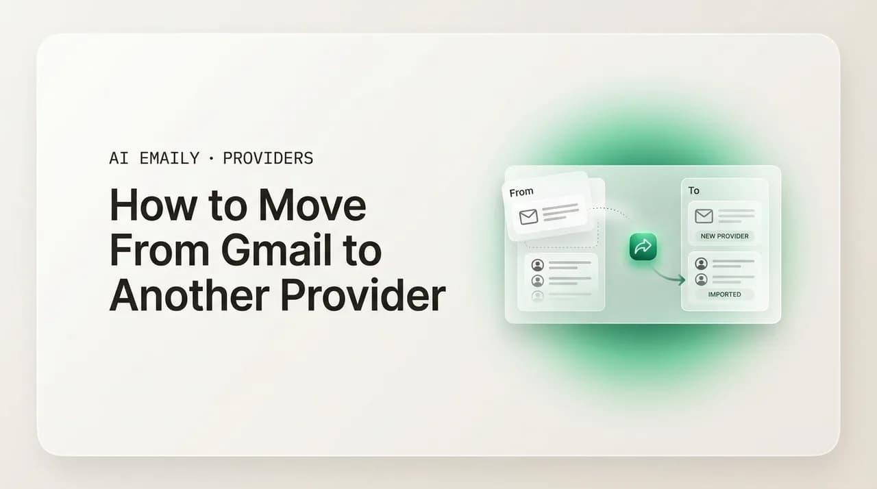 AI Emaily blog cover for move from Gmail to another provider, showing email moving to a new provider intact