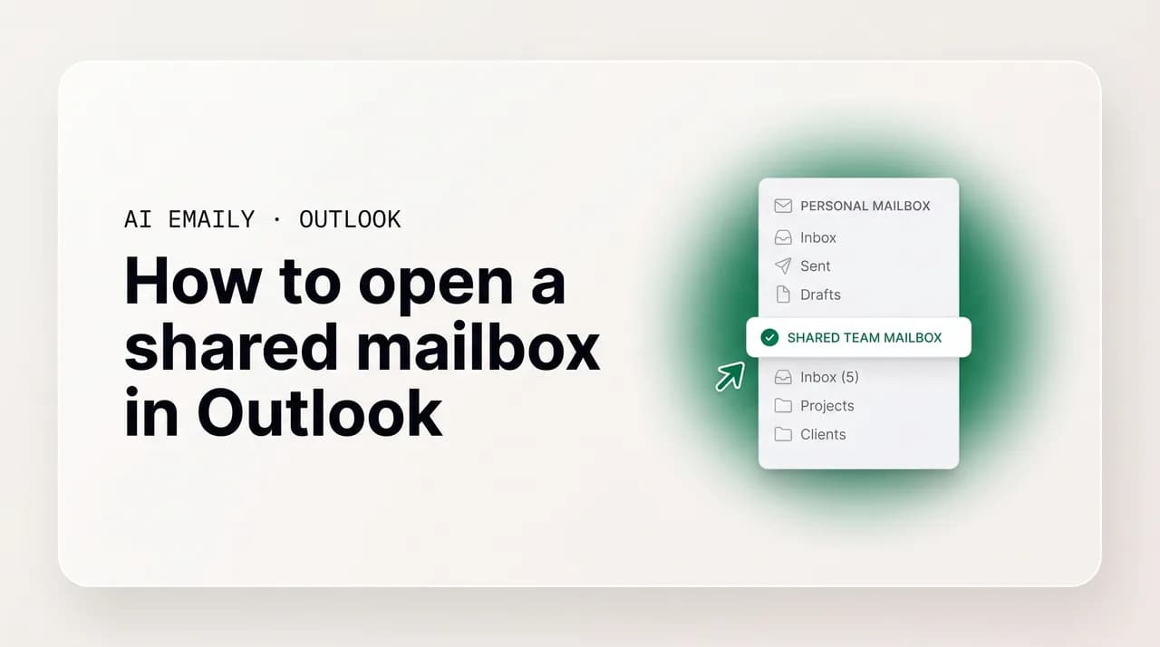 AI Emaily blog cover for how to open a shared mailbox in Outlook, showing a shared team mailbox in the sidebar