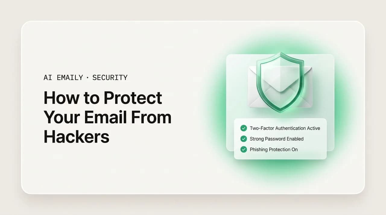 AI Emaily blog cover for how to protect email from hackers, showing an email secured with a shield and checklist
