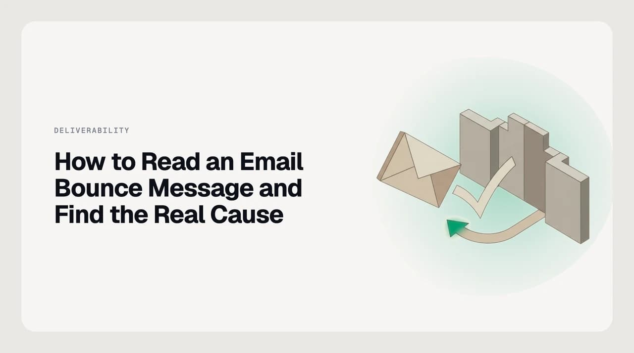 Labelled anatomy of an email bounce message: the SMTP reply code, the enhanced status code, the reporting MTA, the remote MTA, and the diagnostic-code line that names the real cause.