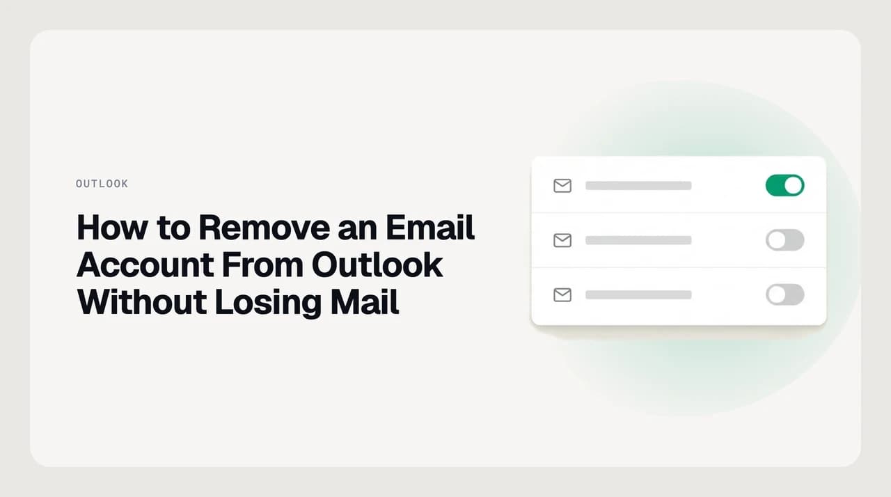 Conceptual illustration of removing an email account from Outlook while its mailbox archive stays intact