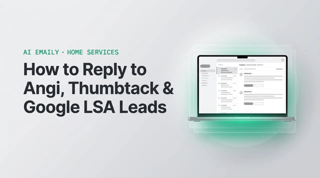 AI Emaily blog cover for how to respond to Angi leads faster, showing an AI email client on a laptop with the headline How to Reply to Angi, Thumbtack & Google LSA Leads