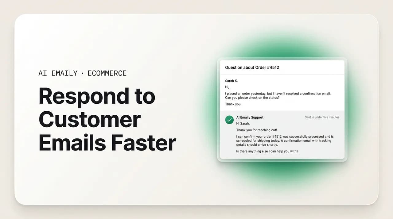 AI Emaily blog cover for responding to customer emails faster in ecommerce, showing a reply under five minutes