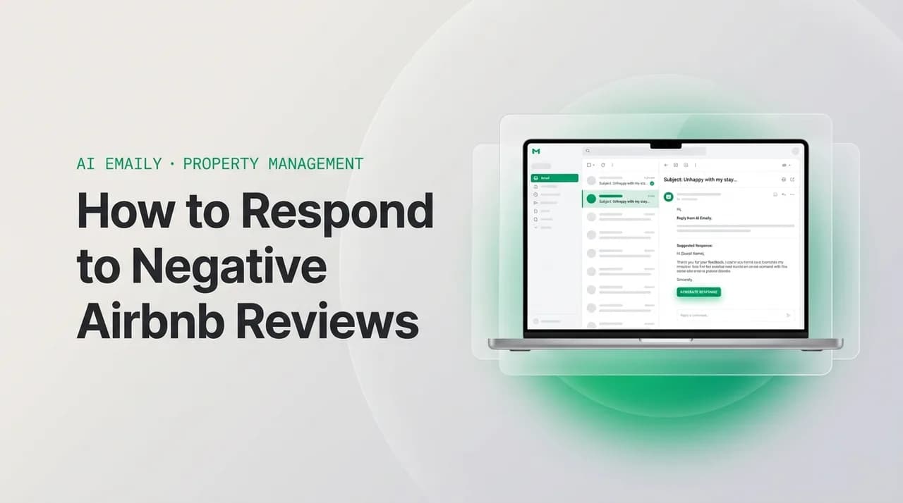 AI Emaily blog cover for how to respond to negative airbnb review, showing an AI email client on a laptop with the headline How to respond to negative Airbnb reviews: 15 word-for-word templates