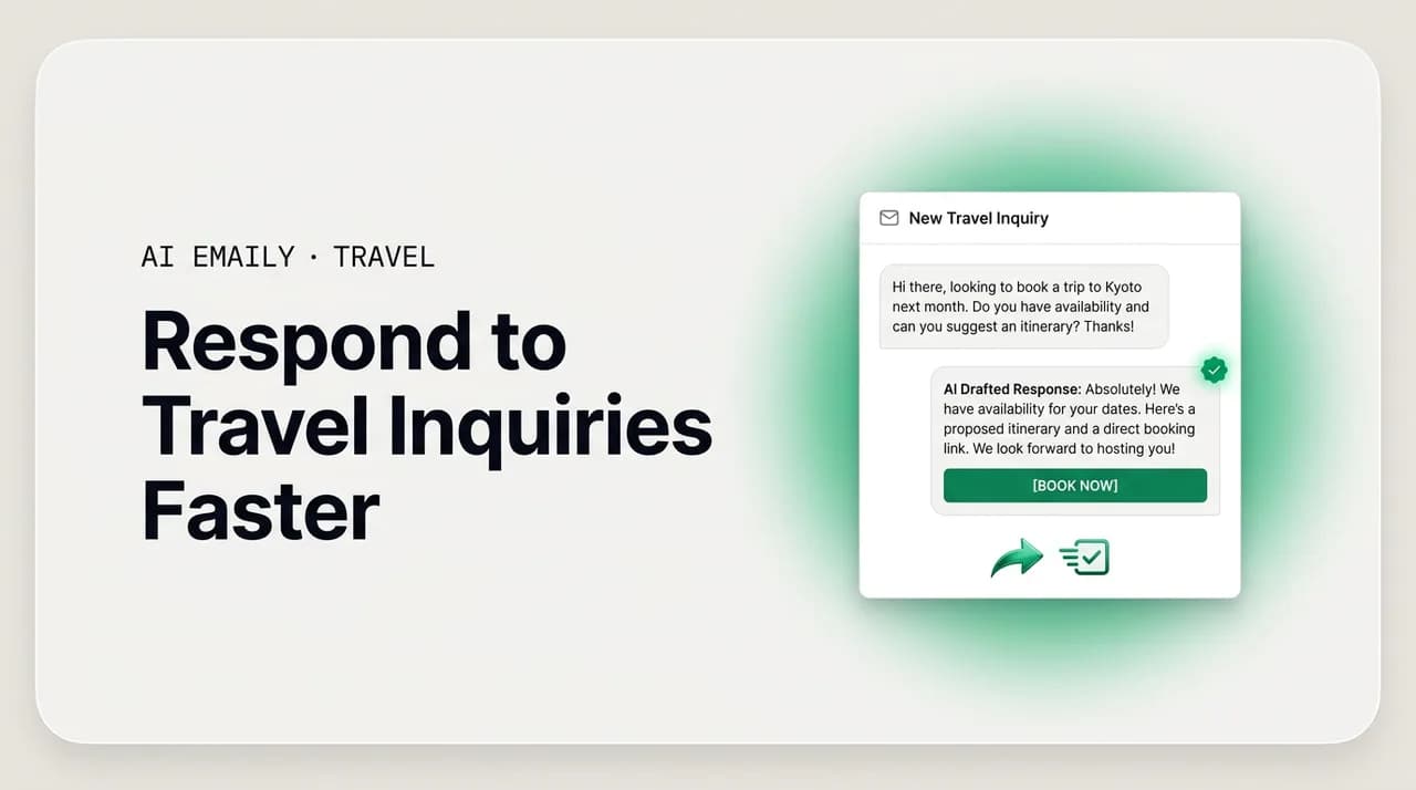 AI Emaily blog cover for responding to travel inquiries faster, showing an inquiry answered to book more trips