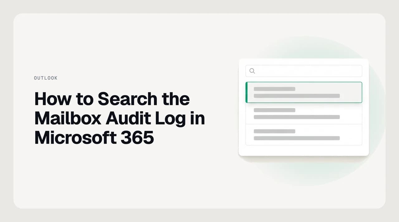 Illustration of a mailbox audit log search in Microsoft 365, showing a magnifying glass over a list of message activity records