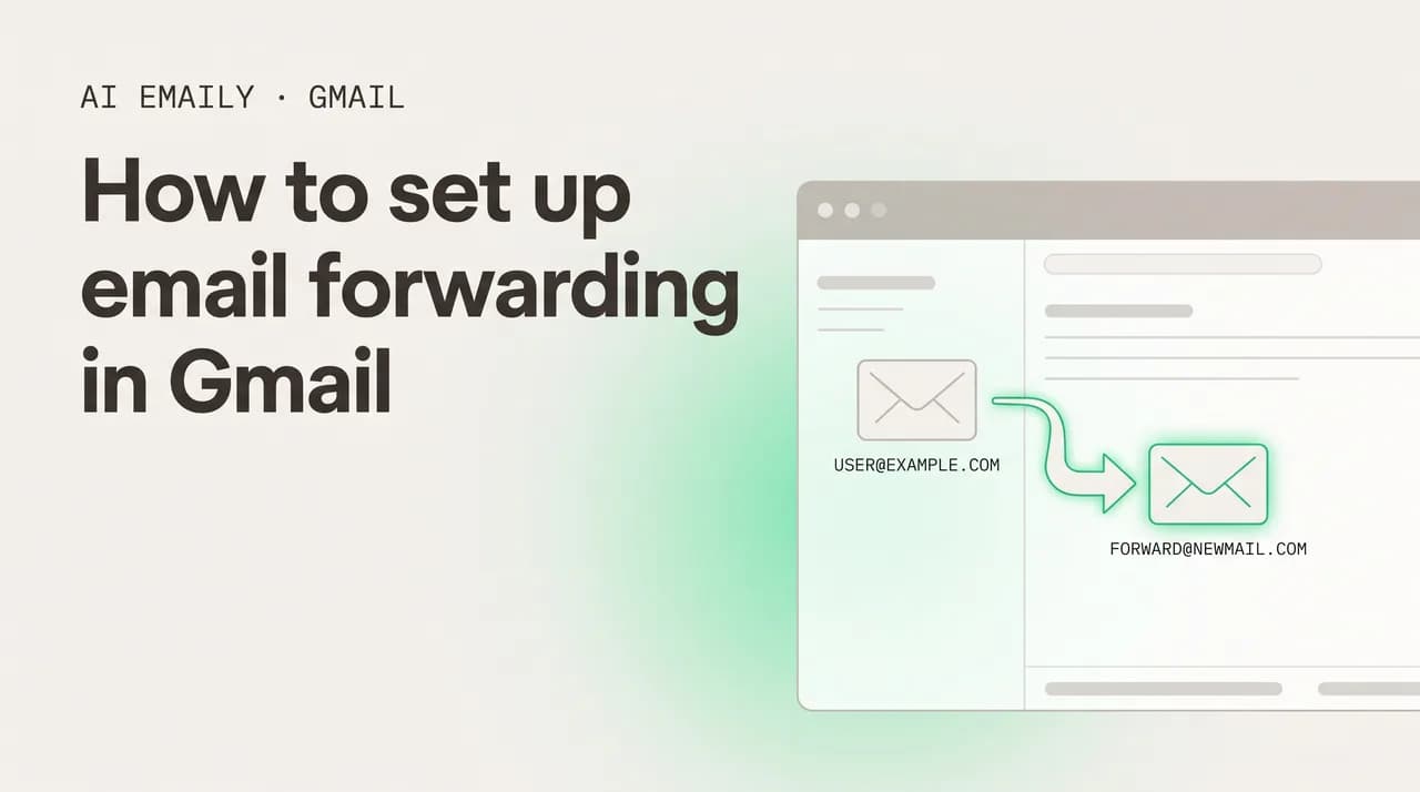 AI Emaily blog cover for how to set up forwarding in Gmail, showing an email forwarding settings panel