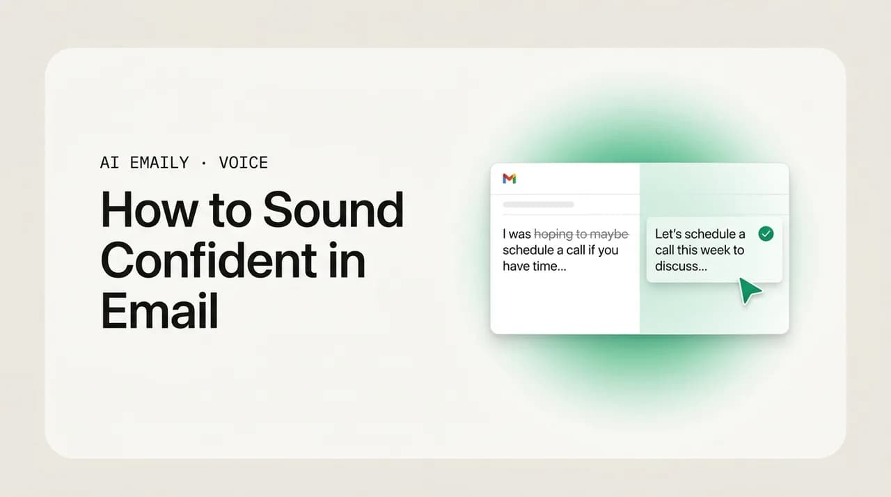 AI Emaily blog cover for how to sound confident in email, showing an AI removing hedging for a confident tone