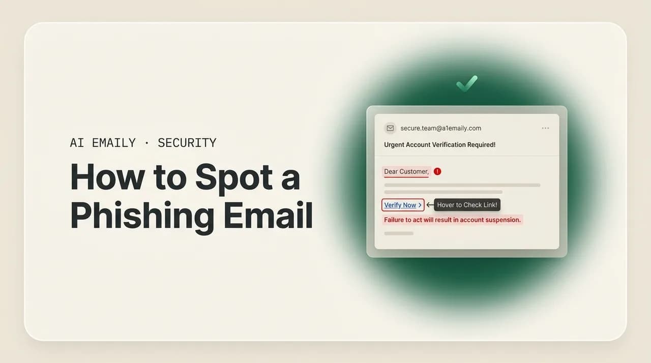 AI Emaily blog cover for how to spot a phishing email, showing a phishing email with red-flag markers