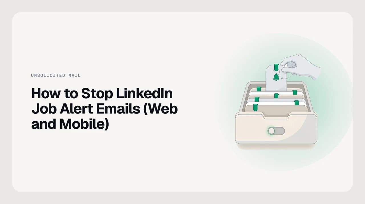LinkedIn job alert email controls showing how to find and delete saved job search alerts in the Jobs section on desktop and mobile