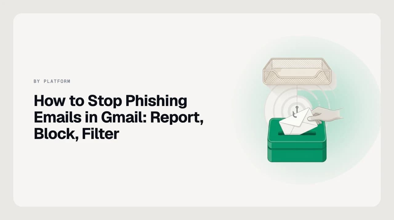 Gmail inbox showing a phishing warning banner alongside a step-by-step guide to reporting, blocking, and filtering phishing emails in Gmail