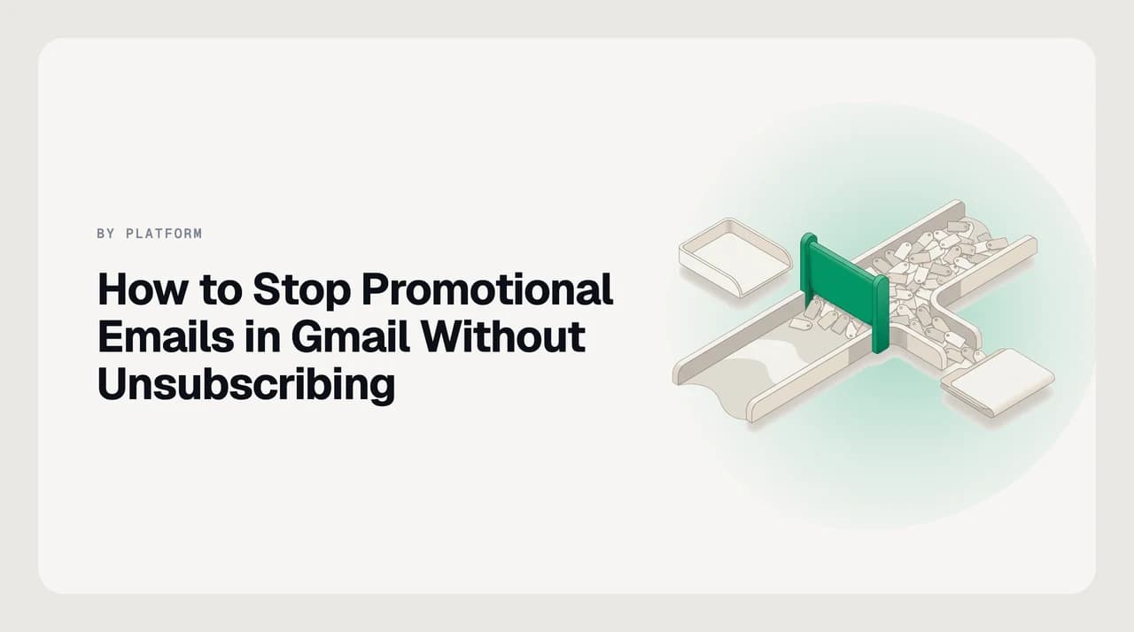 Gmail inbox showing the Promotions tab active, a filter creation dialog with category:promotions, and the Manage Subscriptions sidebar for stopping promotional emails