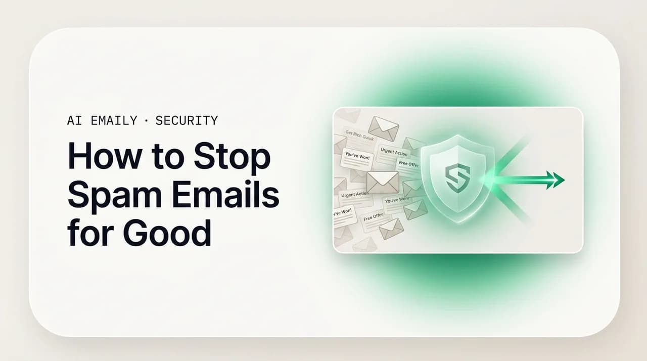 AI Emaily blog cover for how to stop spam emails, showing spam blocked by a spam filter shield