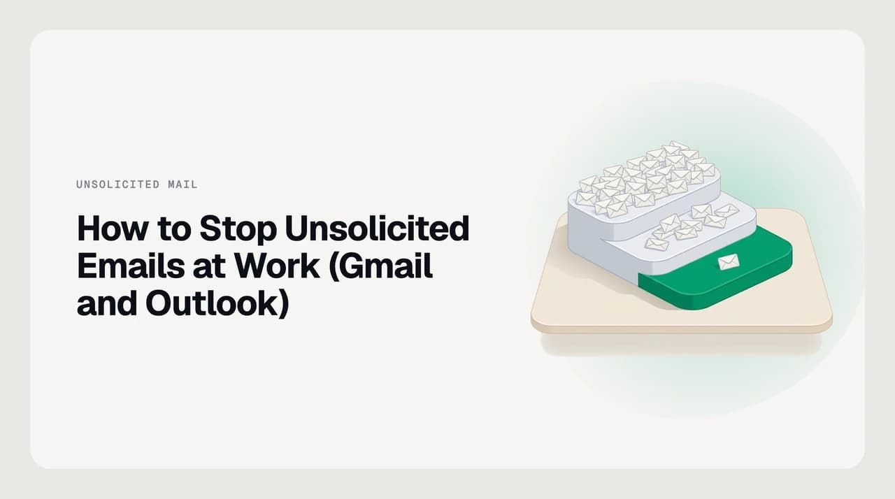 A work inbox sorted into labelled folders — a review-later tray for unverified outreach and a blocked pile for confirmed spam — illustrating the containment approach to unsolicited emails at work in Gmail and Outlook