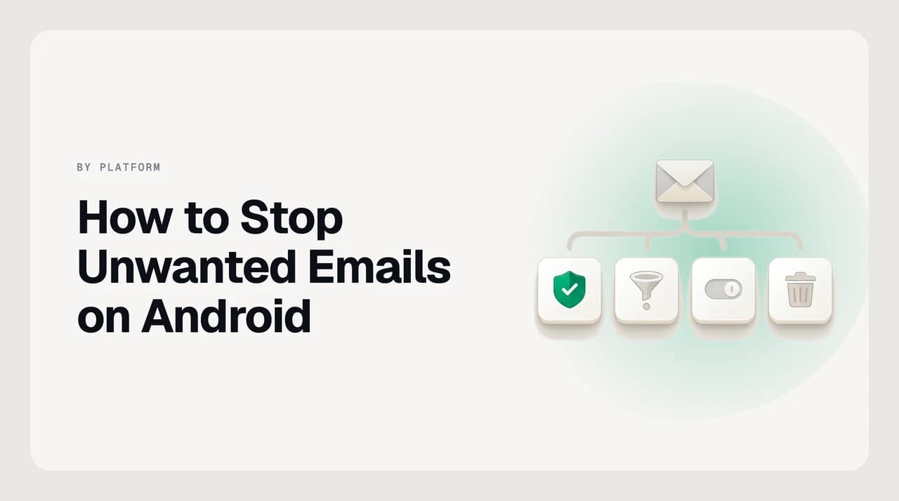 Android phone displaying the Gmail app with the three-dot overflow menu open on an unwanted email, showing the Block and Report spam options available to stop unwanted emails on Android
