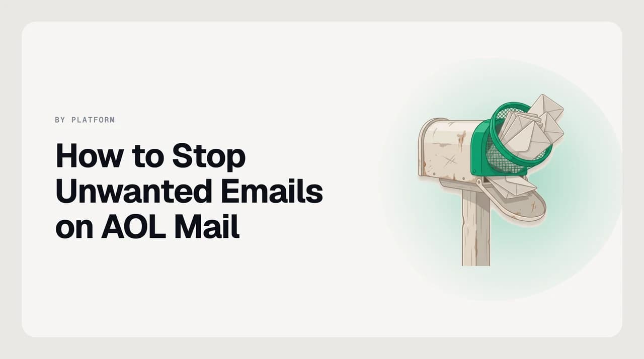 AOL Mail interface showing how to stop unwanted emails using block senders, spam filters, and SpamGuard controls
