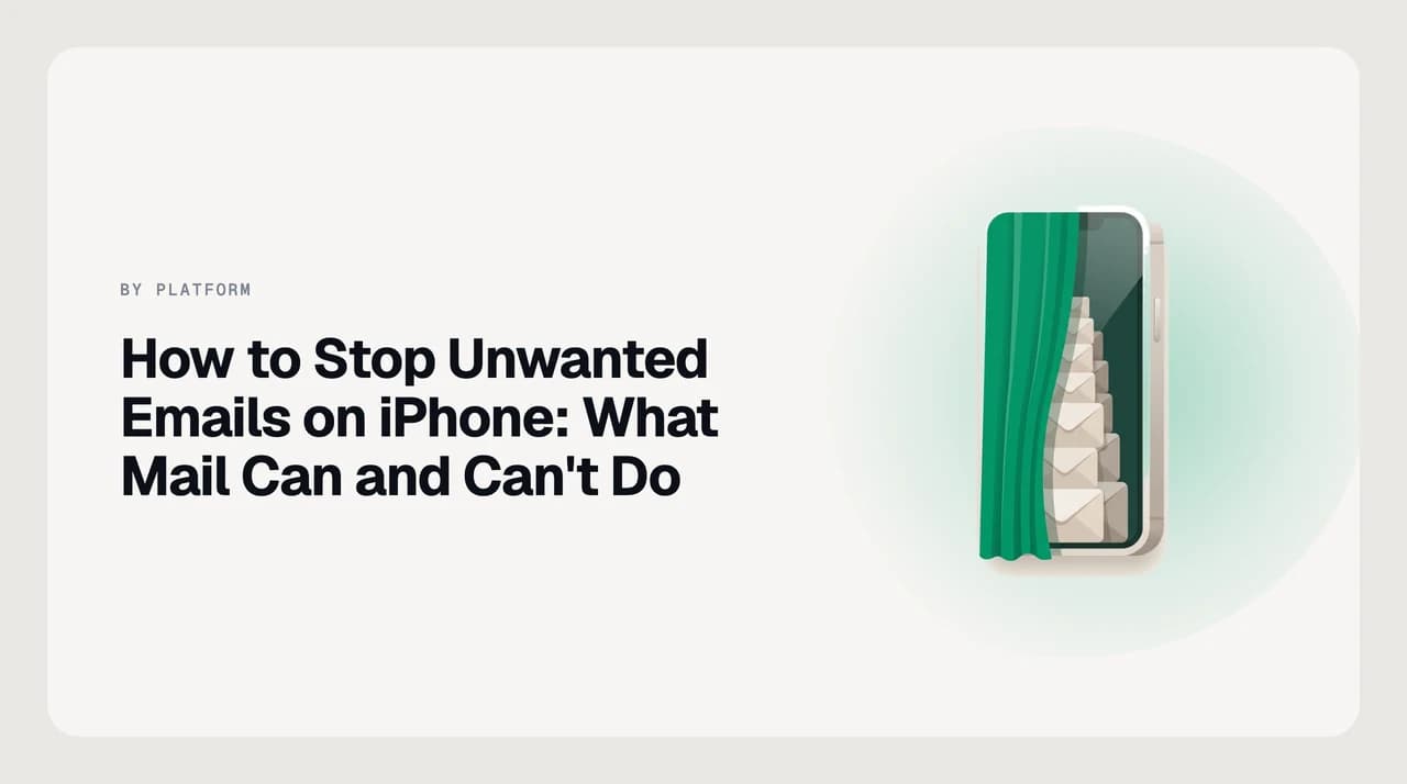 iPhone displaying the Apple Mail inbox with the Block Sender prompt and unsubscribe banner visible, illustrating the tools available to stop unwanted emails on iPhone