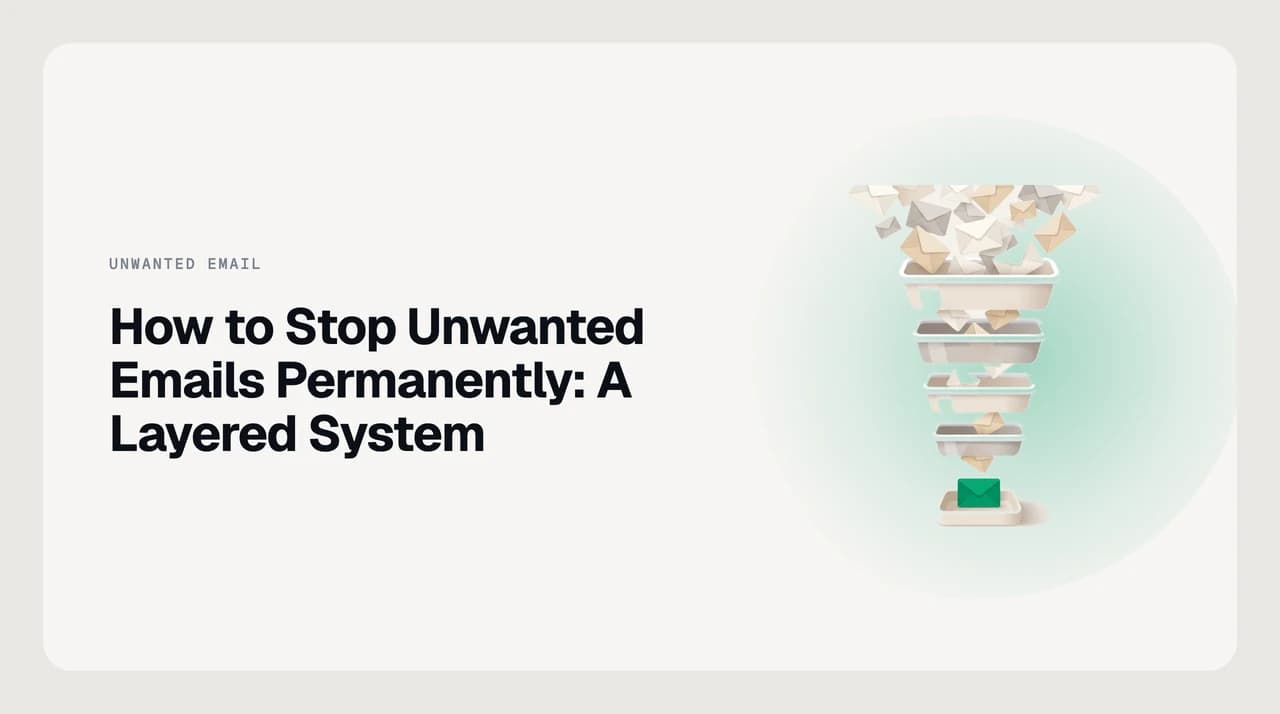 Four-layer email protection system diagram showing how to stop unwanted emails permanently through source opt-out, provider filters, aliases, and automation