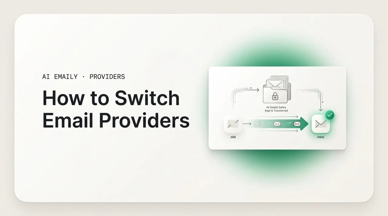 AI Emaily blog cover for how to switch email providers, showing a provider switch that keeps every email
