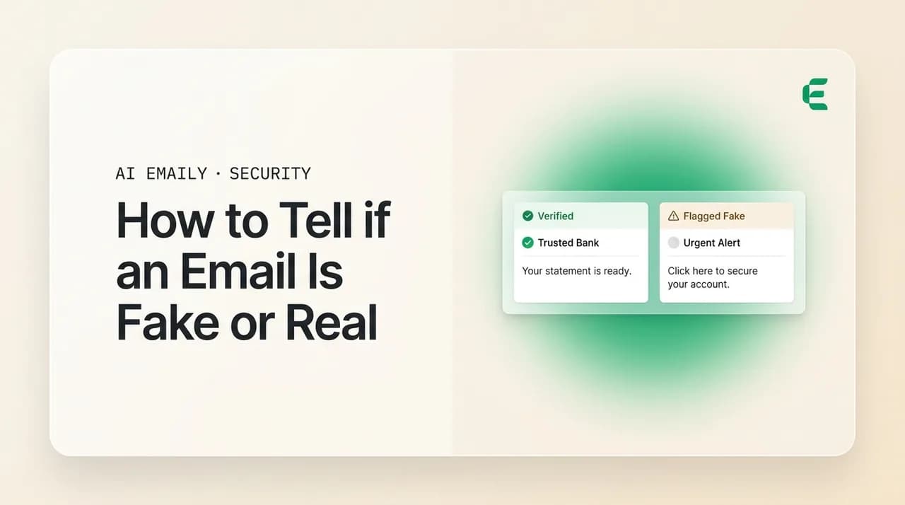 AI Emaily blog cover for how to tell if an email is fake, showing a real email next to a flagged fake one