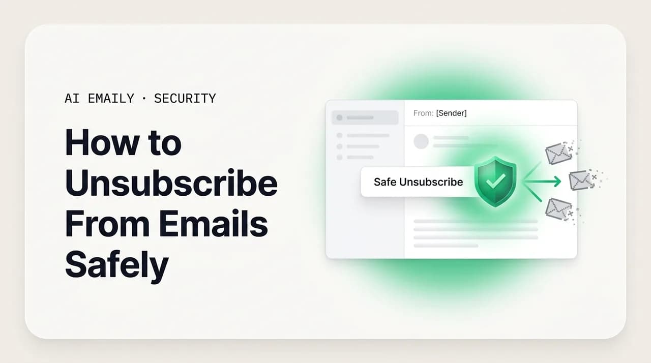 AI Emaily blog cover for how to unsubscribe from emails safely, showing a safe unsubscribe with a protective shield