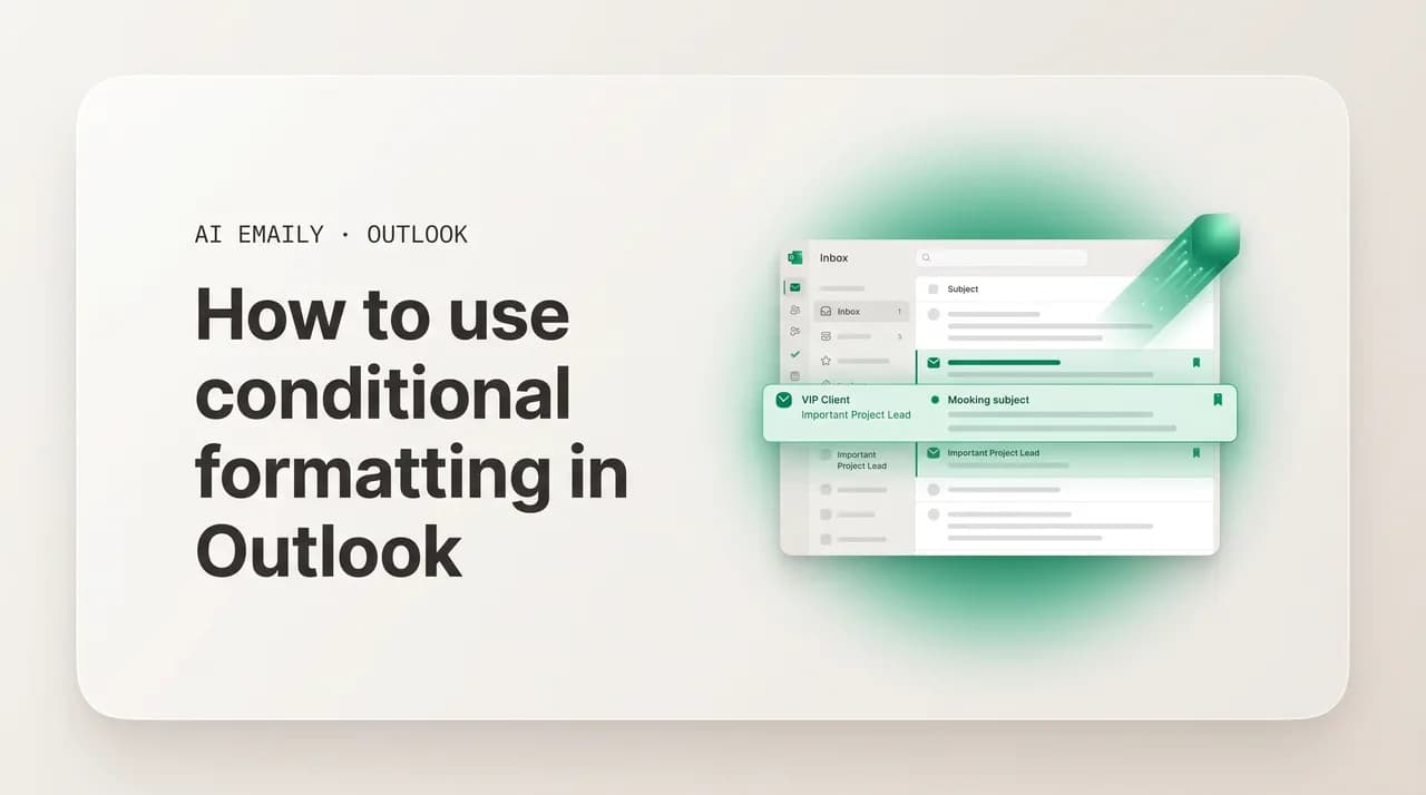 AI Emaily blog cover for how to use conditional formatting in Outlook, showing color-coded emails by rule