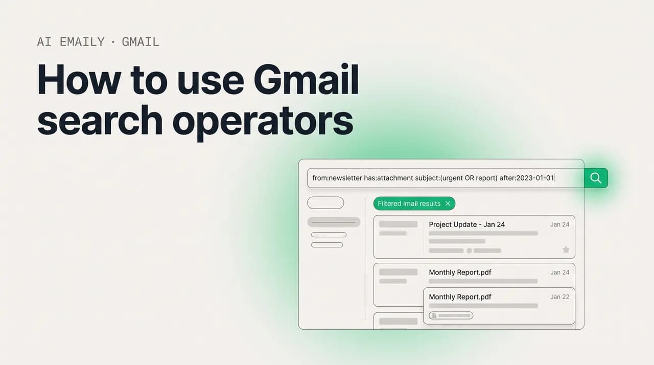 AI Emaily blog cover for how to use Gmail search operators, showing a search bar with search operators