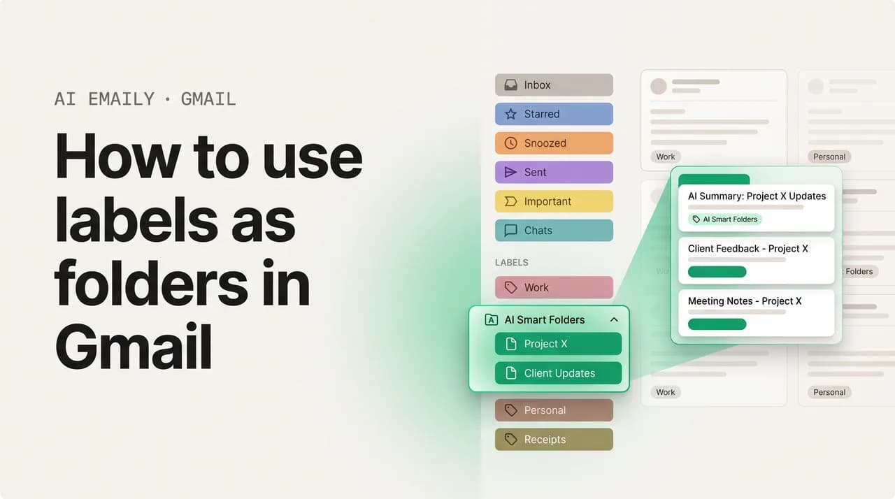 AI Emaily blog cover for how to use labels as folders in Gmail, showing colored labels used as folders