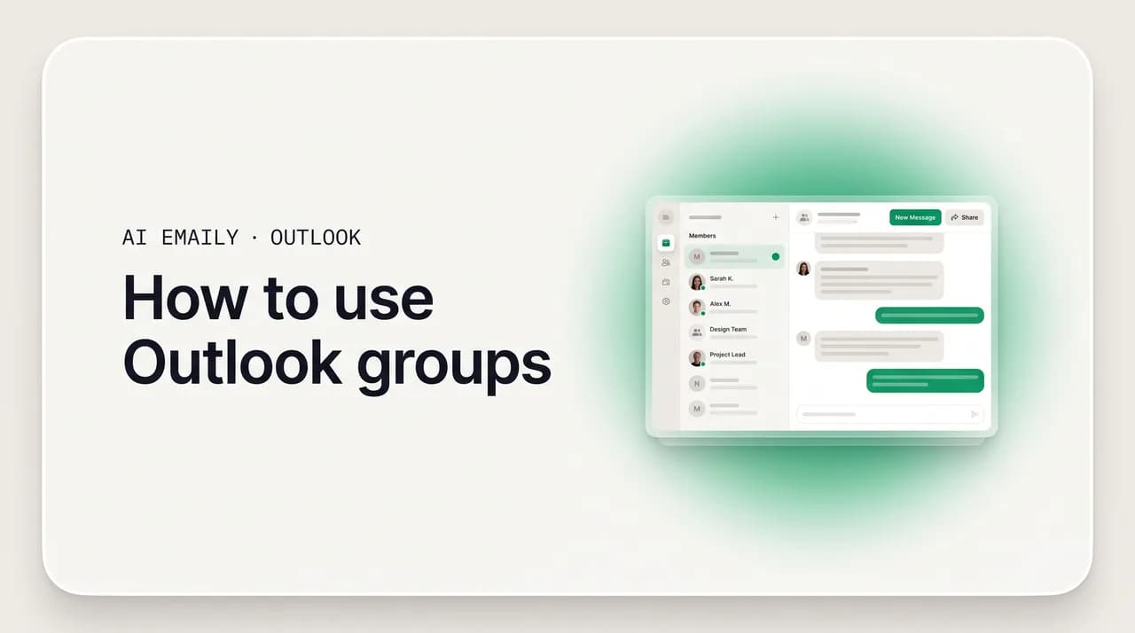 AI Emaily blog cover for how to use Outlook groups, showing a shared group inbox and members