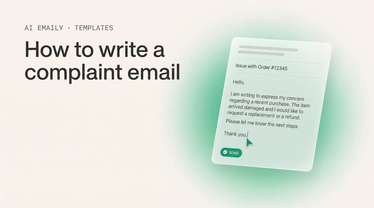 AI Emaily blog cover for how to write a complaint email, showing a firm but polite complaint email draft with complaint email templates